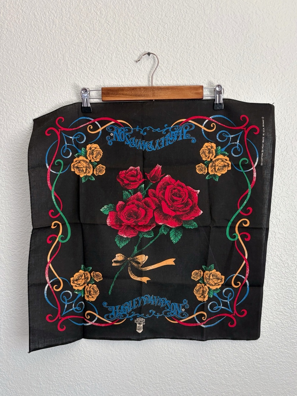 Vintage Harley Davidson Red Yellow Rose Bandana 22x22